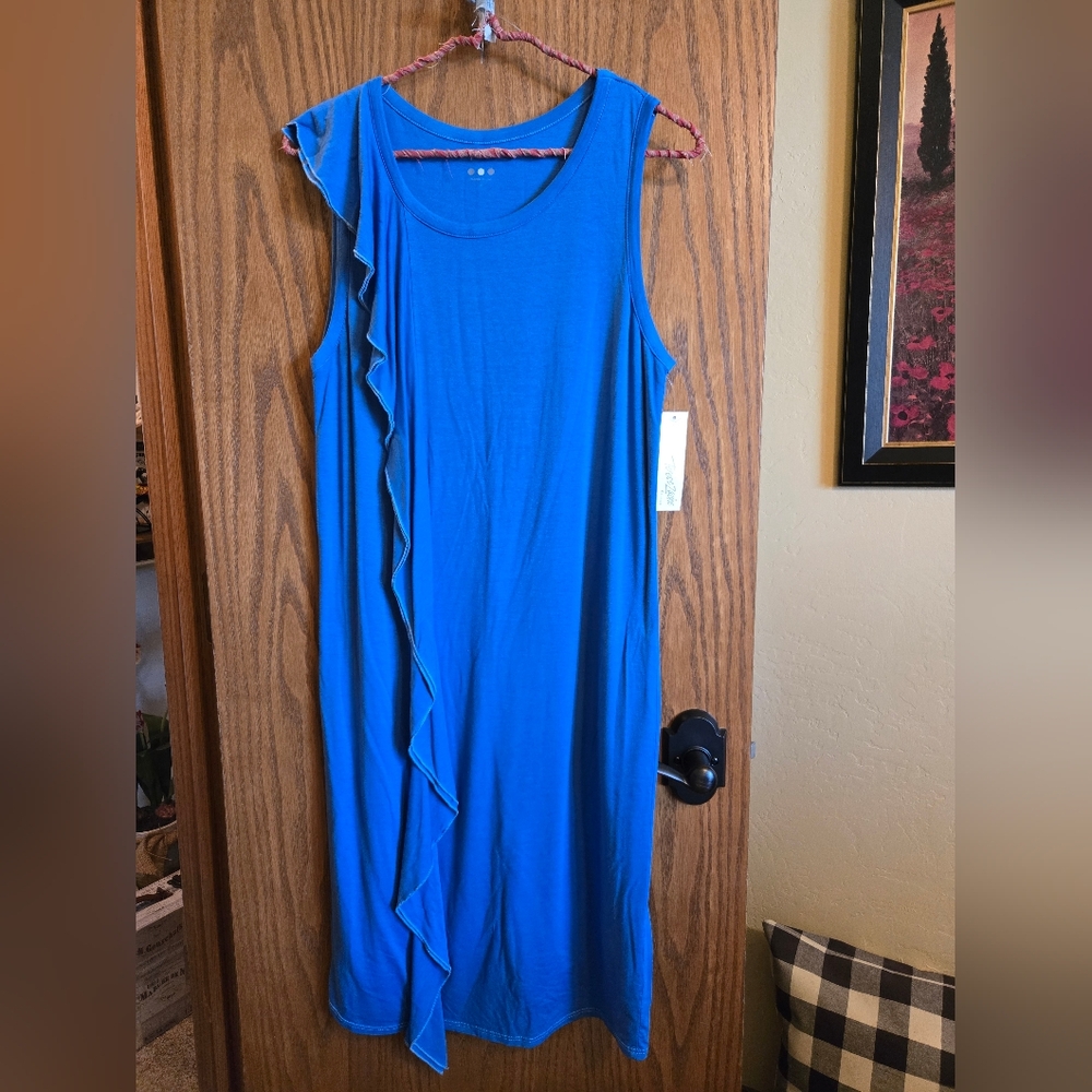 THREE DOTS Sleeveless Blue Ruffle-Trim Women’s Dress